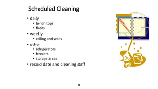 19
19
Scheduled Cleaning
• daily
• bench tops
• floors
• weekly
• ceiling and walls
• other
• refrigerators
• freezers
• storage areas
• record date and cleaning staff
 