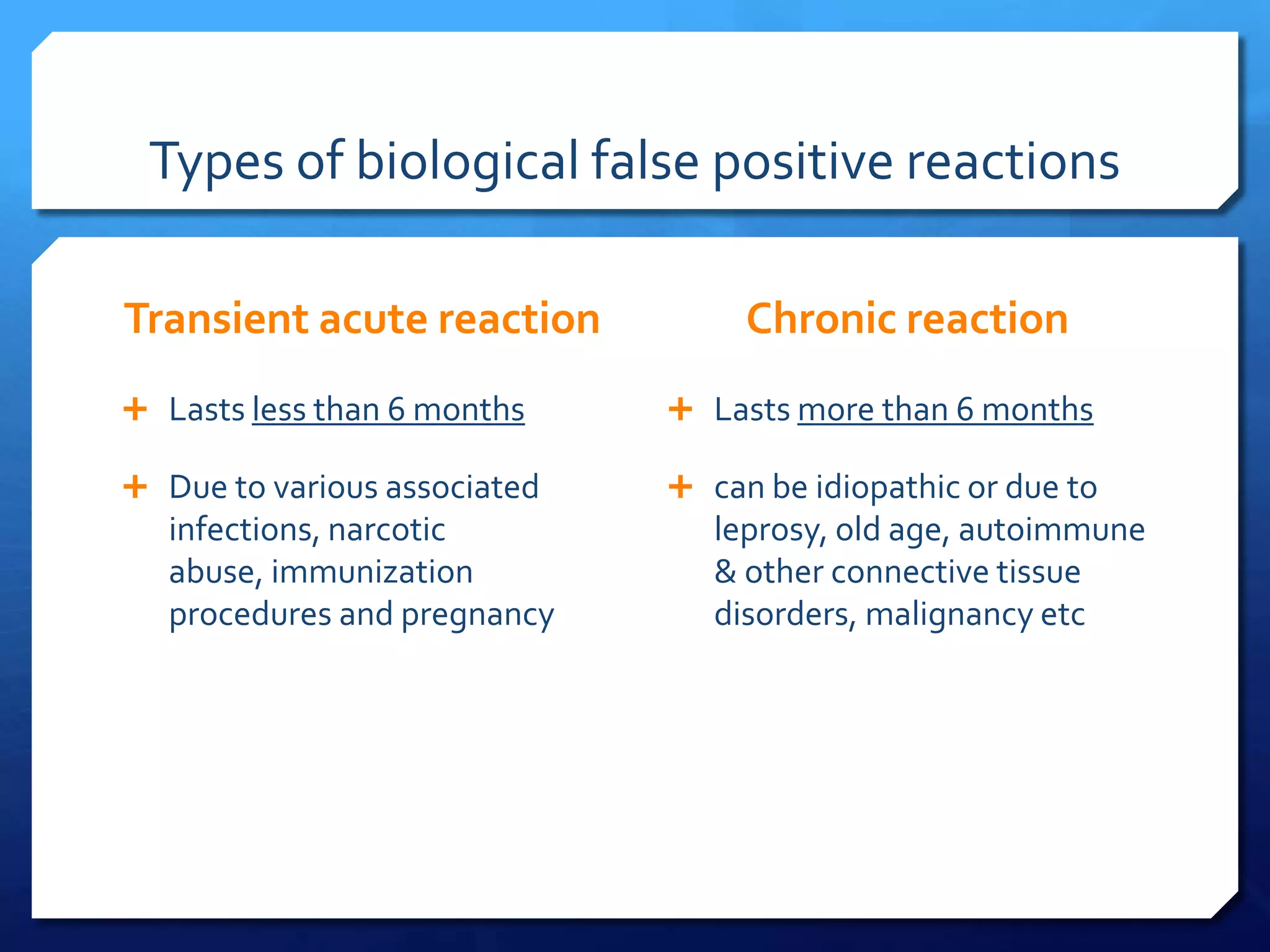 Types of biological false positive reactions
Transient acute reaction

Chronic reaction

 Lasts less than 6 months

 Lasts more than 6 months

 Due to various associated

 can be idiopathic or due to

infections, narcotic
abuse, immunization
procedures and pregnancy

leprosy, old age, autoimmune
& other connective tissue
disorders, malignancy etc

 
