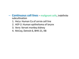– Continuous cell lines – malignant cells, indefinite
subcultivation
1. HeLa: Human Ca of cervix cell line
2. HEP-2: Human epithelioma of larynx
3. Vero: Vervet monkey kidney
4. McCoy, Detroit-6, BHK-21, KB
 