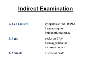 Indirect Examination
1. Cell Culture cytopathic effect (CPE)
haemadsorption
immunofluorescence
2. Eggs pocks on CAM
haemagglutination
inclusion bodies
3. Animals disease or death
 