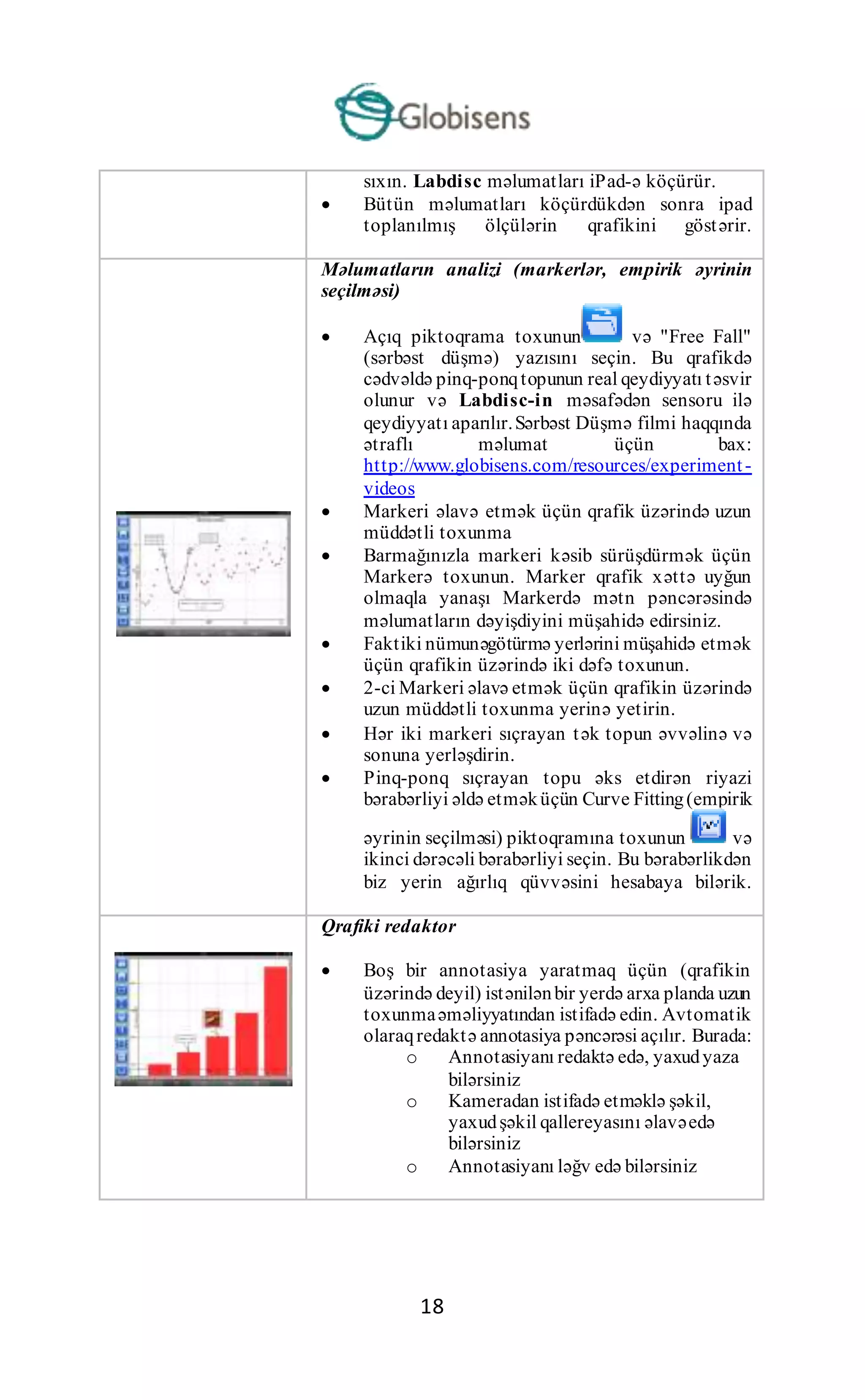 18
sıxın. Labdisc məlumatları iPad-ə köçürür.
 Bütün məlumatları köçürdükdən sonra ipad
toplanılmış ölçülərin qrafikini göstərir.
Məlumatların analizi (markerlər, empirik əyrinin
seçilməsi)
 Açıq piktoqrama toxunun və "Free Fall"
(sərbəst düşmə) yazısını seçin. Bu qrafikdə
cədvəldə pinq-ponqtopunun real qeydiyyatı təsvir
olunur və Labdisc-in məsafədən sensoru ilə
qeydiyyatı aparılır.Sərbəst Düşmə filmi haqqında
ətraflı məlumat üçün bax:
http://www.globisens.com/resources/experiment-
videos
 Markeri əlavə etmək üçün qrafik üzərində uzun
müddətli toxunma
 Barmağınızla markeri kəsib sürüşdürmək üçün
Markerə toxunun. Marker qrafik xəttə uyğun
olmaqla yanaşı Markerdə mətn pəncərəsində
məlumatların dəyişdiyini müşahidə edirsiniz.
 Faktiki nümunəgötürmə yerlərini müşahidə etmək
üçün qrafikin üzərində iki dəfə toxunun.
 2-ci Markeri əlavə etmək üçün qrafikin üzərində
uzun müddətli toxunma yerinə yetirin.
 Hər iki markeri sıçrayan tək topun əvvəlinə və
sonuna yerləşdirin.
 Pinq-ponq sıçrayan topu əks etdirən riyazi
bərabərliyi əldə etməküçün Curve Fitting(empirik
əyrinin seçilməsi) piktoqramına toxunun və
ikinci dərəcəli bərabərliyi seçin. Bu bərabərlikdən
biz yerin ağırlıq qüvvəsini hesabaya bilərik.
Qrafiki redaktor
 Boş bir annotasiya yaratmaq üçün (qrafikin
üzərində deyil) istənilənbir yerdə arxa planda uzun
toxunmaəməliyyatından istifadə edin. Avtomatik
olaraqredaktə annotasiya pəncərəsi açılır. Burada:
o Annotasiyanı redaktə edə, yaxudyaza
bilərsiniz
o Kameradan istifadə etməklə şəkil,
yaxudşəkil qallereyasını əlavəedə
bilərsiniz
o Annotasiyanı ləğv edə bilərsiniz
 