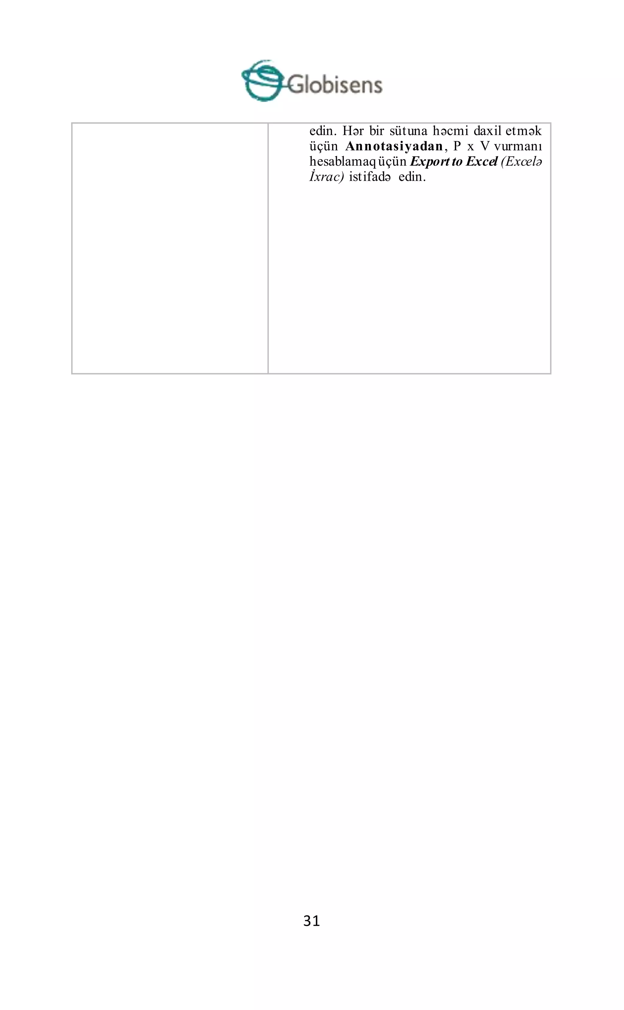 31
edin. Hər bir sütuna həcmi daxil etmək
üçün Annotasiyadan, P x V vurmanı
hesablamaqüçün Export to Excel (Excelə
İxrac) istifadə edin.
 