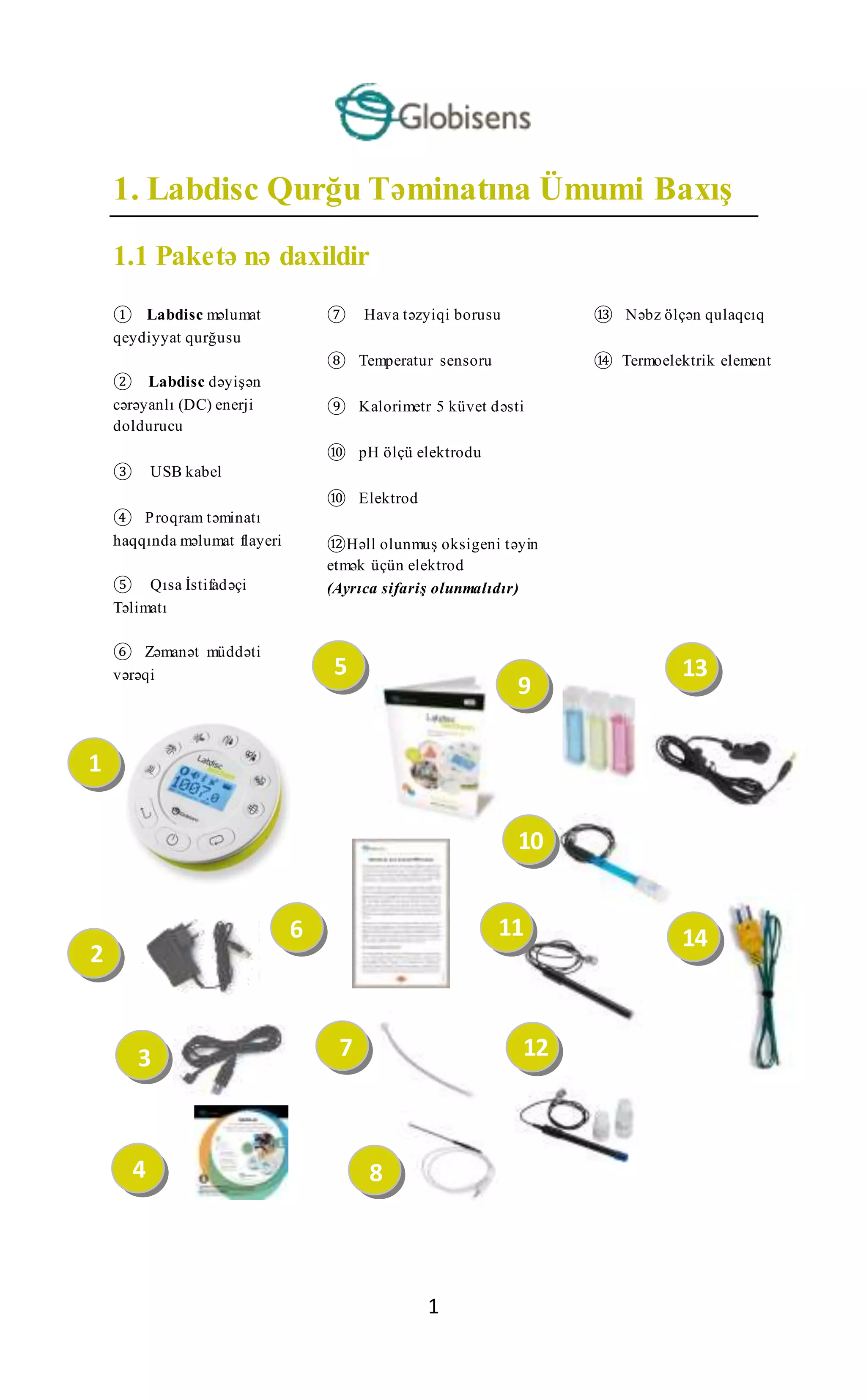 1
1. Labdisc Qurğu Təminatına Ümumi Baxış
1.1 Paketə nə daxildir
① Labdisc məlumat
qeydiyyat qurğusu
② Labdisc dəyişən
cərəyanlı (DC) enerji
doldurucu
③ USB kabel
④ Proqram təminatı
haqqında məlumat flayeri
⑤ Qısa İstifadəçi
Təlimatı
⑥ Zəmanət müddəti
vərəqi
⑦ Hava təzyiqi borusu
⑧ Temperatur sensoru
⑨ Kalorimetr 5 küvet dəsti
⑩ pH ölçü elektrodu
⑩ Elektrod
⑫Həll olunmuş oksigeni təyin
etmək üçün elektrod
(Ayrıca sifariş olunmalıdır)
⑬ Nəbz ölçən qulaqcıq
⑭ Termoelektrik element
2
14
1
10
12
6
8
5
3
13
9
7
1
4
11 14
 