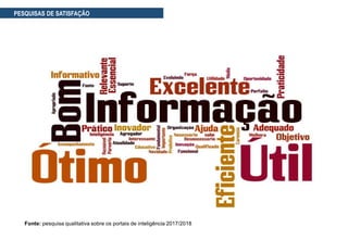 PESQUISAS DE SATISFAÇÃO
Fonte: pesquisa qualitativa sobre os portais de inteligência 2017/2018
 