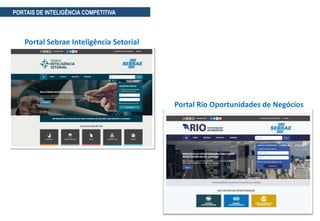 Portal Rio Oportunidades de Negócios
Portal Sebrae Inteligência Setorial
PORTAIS DE INTELIGÊNCIA COMPETITIVA
 