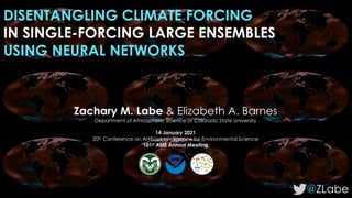 DISENTANGLING CLIMATE FORCING
IN SINGLE-FORCING LARGE ENSEMBLES
USING NEURAL NETWORKS
@ZLabe
Zachary M. Labe & Elizabeth A. Barnes
Department of Atmospheric Science at Colorado State University
14 January 2021
20th Conference on Artificial Intelligence for Environmental Science
101st AMS Annual Meeting
 