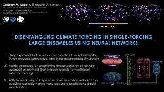1. Using explainable AI methods with artificial neural networks
(ANNs) reveals climate patterns in large ensemble simulations
2. Metric proposed for quantifying the uncertainty of an ANN
visualization method that extracts signals from different
external forcings
3. ANN trained using a large ensemble simulation without time-
evolving aerosols makes more accurate predictions of real
world data
Zachary M. Labe & Elizabeth A. Barnes
Department of Atmospheric Science at Colorado State University
14 January 2021 – 1:15 PM to 1:20 PM (EST)
20th Conference on Artificial Intelligence for Environmental Science
101st AMS Annual Meeting (Paper 11.2)
DISENTANGLING CLIMATE FORCING IN SINGLE-FORCING
LARGE ENSEMBLES USING NEURAL NETWORKS
Aerosol-driven
Greenhouse gas-driven
All forcings
LRP –
(LRP)
 