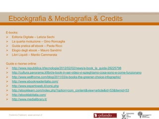 Ebookgrafia & Mediagrafia & Credits
E-books:
 Editoria Digitale – Letizia Sechi
 La quarta rivoluzione – Gino Roncaglia
 Guida pratica all‟ebook – Paola Ricci
 Elogio degli ebook – Mauro Sandrini
 Libri Liquidi – Manlio Cammarata

Guide e risorse online:
 http://www.repubblica.it/tecnologia/2012/02/02/news/e-book_la_guida-29225798
 http://cultura.panorama.it/libri/e-book-in-sei-video-vi-spieghiamo-cosa-sono-e-come-funzionano
 http://www.wellhome.com/blog/2011/03/e-books-the-greener-choice-infographic/
 http://www.ebookreaderitalia.com/
 http://www.espertoweb.it/corsi.php
 http://ebooklearn.com/index.php?option=com_content&view=article&id=53&Itemid=53
 http://ebooklabitalia.com/
 http://www.medialibrary.it/




  Federica Fabbiani, www.women.it
 