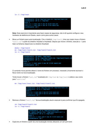 Lab-2


        ls –l /tmp/test




     Nota: Este exercício é importante para fazer copias de segurança, isto é útil quando configura o seu
     hardware de telefonia em Elastix, assim como para outros casos.

§   Mova um ficheiro para outra localização. Crie o diretório /tmp/test2. Uma vez criado mova o ficheiro
     “test2.txt” a partir do diretório /tmp/test a /tmp/test2. Depois que mover o ficheiro, execute a – l para
     listar os ficheiros disponíveis no diretório /tmp/test2

        mkdir /tmp/test2
        mv /tmp/test/test2.txt /tmp/test2/test2.txt
        ls –l /tmp/test2




     O comando move permite alterar o nome do ficheiro em processo, necessita unicamente escrever o
     Novo nome na nova localização.

     Tente mover o ficheiro “test.txt” localizado em /tmp/test a /tmp/test2 e altere o seu nome
     para “test3.txt”

        mv /tmp/test/test.txt /tmp/test2/test3.txt




§   Remova o ficheiro “test3.txt” da sua localização atual e execute ls para confirmar que foi apagado.

        rm /tmp/test2/test3.txt
        ls –l /tmp/test2




§   Copia de um ficheiro a partir de uma localização remota utilizando um ssh port túnel.



                                                                                                                 	
  
 