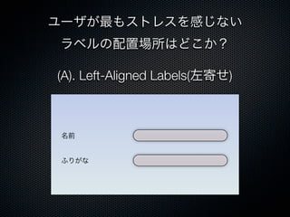ユーザが最もストレスを感じない
ラベルの配置場所はどこか？
(A). Left-Aligned Labels(左寄せ)
名前
ふりがな
 
