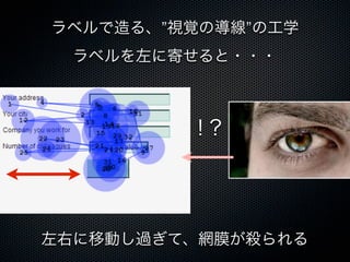 ラベルを左に寄せると・・・
左右に移動し過ぎて、網膜が殺られる
ラベルで造る、”視覚の導線”の工学
！？
 