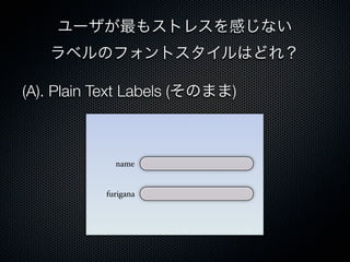 ユーザが最もストレスを感じない
ラベルのフォントスタイルはどれ？
(A). Plain Text Labels (そのまま)
name
furigana
 
