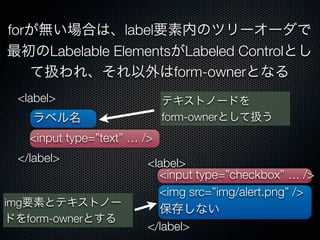 <label> 
 ラベル名
 <input type=”text” … />
</label>  <label>
 <input type=”checkbox” … />
 <img src=”img/alert.png” />
 保存しない
</label> 
forが無い場合は、label要素内のツリーオーダで
最初のLabelable ElementsがLabeled Controlとし
て扱われ、それ以外はform-ownerとなる
テキストノードを
form-ownerとして扱う
img要素とテキストノー
ドをform-ownerとする
 