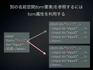 別の名前空間(form要素)を参照するには
form属性を利用する
<label
form=”form2”
for=”input1”
>名前</label> <form id=”form2”…>
<input id=”input1” … />
<input id=”input2” … />
<input id=”input3” … />
</form>
<form id=”form1”…>
<input id=”input1” … />
<input id=”input2” … />
<input id=”input3” … />
</form>
 
