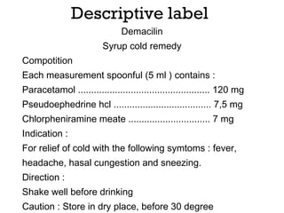 Descriptive label
Demacilin
Syrup cold remedy
Compotition
Each measurement spoonful (5 ml ) contains :
Paracetamol .................................................. 120 mg
Pseudoephedrine hcl ..................................... 7,5 mg
Chlorpheniramine meate ............................... 7 mg
Indication :
For relief of cold with the following symtoms : fever,
headache, hasal cungestion and sneezing.
Direction :
Shake well before drinking
Caution : Store in dry place, before 30 degree
 