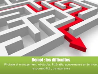 Bémol : les difficultés
Pilotage et management, obstacles, littératie, gouvernance en tension,
responsabilité , transparence
 