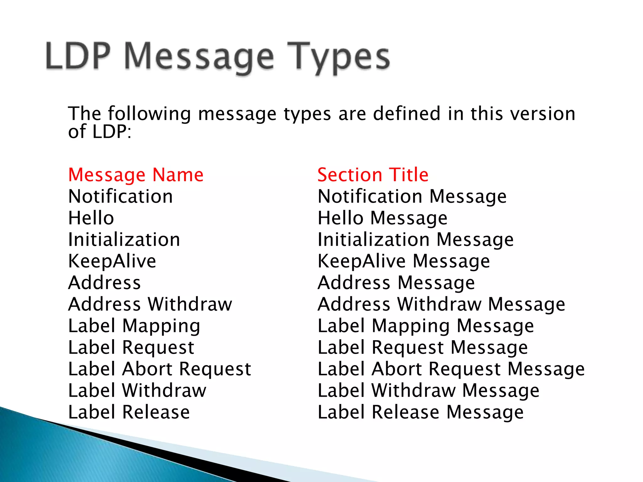 The following message types are defined in this version
of LDP:

Message Name              Section Title
Notification              Notification Message
Hello                     Hello Message
Initialization            Initialization Message
KeepAlive                 KeepAlive Message
Address                   Address Message
Address Withdraw          Address Withdraw Message
Label Mapping             Label Mapping Message
Label Request             Label Request Message
Label Abort Request       Label Abort Request Message
Label Withdraw            Label Withdraw Message
Label Release             Label Release Message
 