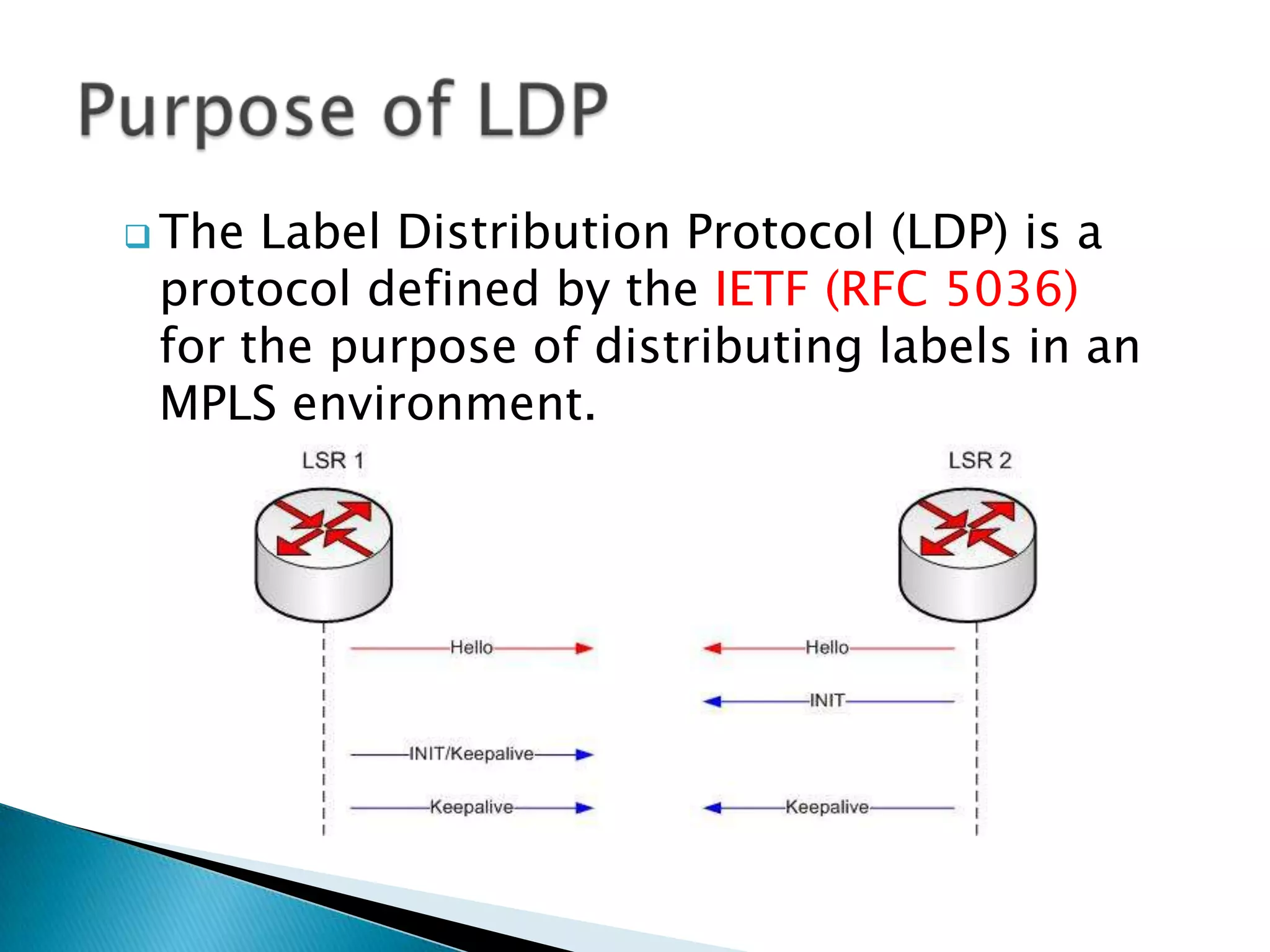  The Label Distribution Protocol (LDP) is a
 protocol defined by the IETF (RFC 5036)
 for the purpose of distributing labels in an
 MPLS environment.
 