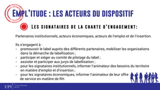 Empl’itude : les acteurs du dispositif
L e s s i g n at a i re s d e l a c h a rt e d ’ e n g a g e m e n t :
Partenaires institutionnels, acteurs économiques, acteurs de l’emploi et de l’insertion.
Ils s’engagent à :
- promouvoir le label auprès des différents partenaires, mobiliser les organisations
dans la démarche de labellisation ;
- participer et siéger au comité de pilotage du label ;
- assister et participer aux jurys de labellisation ;
- pour les signataires institutionnels, informer l’animateur des besoins du territoire
en matière d’emploi et d’insertion ;
- pour les signataires économiques, informer l’animateur de leur offre
de service en matière de RH.
 