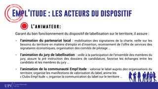 Empl’itude : les acteurs du dispositif
L’ a n i m at e u r :
Garant du bon fonctionnement du dispositif de labellisation sur le territoire, il assure :
- l’animation du partenariat local : mobilisation des signataires de la charte, veille sur les
besoins du territoire en matière d’emploi et d’insertion, recensement de l’offre de services des
signataires économiques, organisation des comités de pilotage …
- l’animation du jury de labellisation : veille à la participation de l’ensemble des membres du
jury, assure la pré instruction des dossiers de candidature, favorise les échanges entre les
candidats et les membres du jury …
- l’animation de la communauté Empl’itude : valorise le label auprès des organisations du
territoire, organise les manifestions de valorisation du label, anime les
« Clubs Empl’itude », organise la communication du label sur le territoire …
 