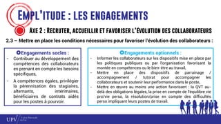 Engagements optionnels :
- Informer les collaborateurs sur les dispositifs mise en place par
les politiques publiques ou par l’organisation favorisant la
montée en compétences ou le bien-être au travail,
- Mettre en place des dispositifs de parrainage /
accompagnement / tutorat pour accompagner les
collaborateurs et soutenir leur performance dans le poste,
- Mettre en œuvre au moins une action favorisant : la QVT au-
delà des obligations légales, la prise en compte de l’équilibre vie
pro/vie perso, la résolution/prise en compte des difficultés
perso impliquant leurs postes de travail.
Empl’itude : les engagements
Axe 2 : Recruter, accueillir et favoriser l’évolution des collaborateurs
2.3 – Mettre en place les conditions nécessaires pour favoriser l’évolution des collaborateurs :
Engagements socles :
- Contribuer au développement des
compétences des collaborateurs
en prenant en compte les besoins
spécifiques,
- A compétences égales, privilégier
la pérennisation des stagiaires,
alternants, intérimaires,
bénéficiaires de contrats aidés
pour les postes à pourvoir.
 