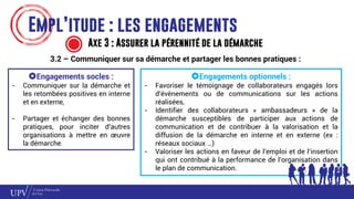 Engagements optionnels :
- Favoriser le témoignage de collaborateurs engagés lors
d’évènements ou de communications sur les actions
réalisées,
- Identifier des collaborateurs « ambassadeurs » de la
démarche susceptibles de participer aux actions de
communication et de contribuer à la valorisation et la
diffusion de la démarche en interne et en externe (ex :
réseaux sociaux …)
- Valoriser les actions en faveur de l’emploi et de l’insertion
qui ont contribué à la performance de l’organisation dans
le plan de communication.
Empl’itude : les engagements
Axe 3 : Assurer la pérennité de la démarche
3.2 – Communiquer sur sa démarche et partager les bonnes pratiques :
Engagements socles :
- Communiquer sur la démarche et
les retombées positives en interne
et en externe,
- Partager et échanger des bonnes
pratiques, pour inciter d’autres
organisations à mettre en œuvre
la démarche.
 
