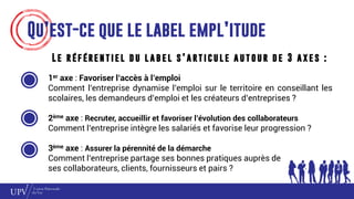 Qu’est-ce que le label empl’itude
L e r é f é re n t i e l d u l a b e l s ’ a rt i c u l e a u t o u r d e 3 a x e s :
1er axe : Favoriser l’accès à l’emploi
Comment l’entreprise dynamise l’emploi sur le territoire en conseillant les
scolaires, les demandeurs d’emploi et les créateurs d’entreprises ?
2ème axe : Recruter, accueillir et favoriser l’évolution des collaborateurs
Comment l’entreprise intègre les salariés et favorise leur progression ?
3ème axe : Assurer la pérennité de la démarche
Comment l’entreprise partage ses bonnes pratiques auprès de
ses collaborateurs, clients, fournisseurs et pairs ?
 