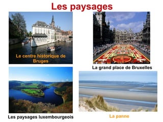 Les paysages




   Le centre historique de
           Bruges
                              La grand place de Bruxelles




Les paysages luxembourgeois          La panne
 