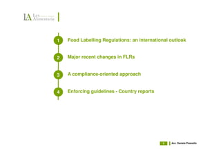 1   Food Labelling Regulations: an international outlook


2   Major recent changes in FLRs


3   A compliance-oriented approach


4   Enforcing guidelines - Country reports




                                             3   Avv. Daniele Pisanello
 