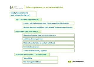 Safety requirements: a not exhaustive list of

Safety Requirements
(not exhaustive lists of)

      FOOD HYGIENE REQUIREMENTS

                Product origins from approved Countries and Establishments

                Hygiene Related Obligations GMP, HACCP, other safety procedures

      FOOD SAFETY REQUIREMENTS

                Maximum Residue Level for certain substances

                Additives, flavours, enzymes

                Materials and articles in contact with food

                Permitted substances

                Ad hoc authorization / approval

      TRACEABILITY AND SAFETY MANAGEMENT

                Traceability

                Risk Management tools                                        32   Avv. Daniele Pisanello
 