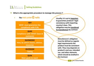Setting Guidelines

What is the appropriate procedure to manage the process ?

      The FIVE LATIN   Q rule:                   Usually, it is up to importers
                                                 to guarantee products’ legal
               QUI                               consistency with Importing
      WHO must guarantee the                     country’s laws. This
       compliance with FLRs                      obligation may be transfered
                                                 to manufacture by contract
              QUID
   Compliance with WHAT (laws &
            contracts)
                                                   Manufacture's obligation
             QUOMODO                               must be defined as regards
    How, by which means, advices,                  legal requirements the
              resources                            product must be consistent
                                                   with. They may depends on
             QUONIAM                               product’s end use, intended
              Timing                               use and other elements
               QUIA                                which should be drafted in
                                                   the Contract
         Main goals to reach
                                                                  38   Avv. Daniele Pisanello
 