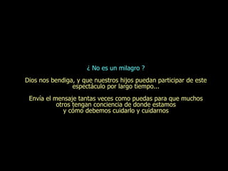 ¿ No es un milagro ? Dios nos bendiga, y que nuestros hijos puedan participar de  e ste espect á culo por largo tiempo... Envía el mensaje tantas veces como puedas para que muchos otros tengan conciencia de donde estamos y cómo debemos cuidarlo y cuidarnos 