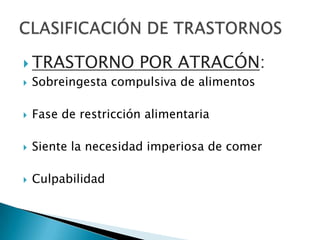  TRASTORNO

POR ATRACÓN:



Sobreingesta compulsiva de alimentos



Fase de restricción alimentaria



Siente la necesidad imperiosa de comer



Culpabilidad

 