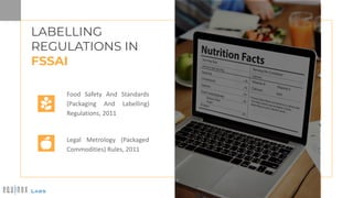 LABELLING
REGULATIONS IN
FSSAI
Food Safety And Standards
(Packaging And Labelling)
Regulations, 2011
Legal Metrology (Pack...