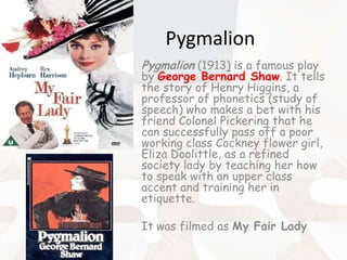Pygmalion
Pygmalion (1913) is a famous play

by George Bernard Shaw. It tells
the story of Henry Higgins, a
professor of phonetics (study of
speech) who makes a bet with his
friend Colonel Pickering that he
can successfully pass off a poor
working class Cockney flower girl,
Eliza Doolittle, as a refined
society lady by teaching her how
to speak with an upper class
accent and training her in
etiquette.
It was filmed as My Fair Lady

 
