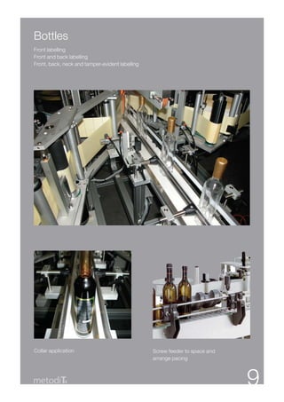 Bottles
Front labelling
Front and back labelling
Front, back, neck and tamper-evident labelling




Collar application                               Screw feeder to space and
                                                 arrange pacing



             4                                                               9
 