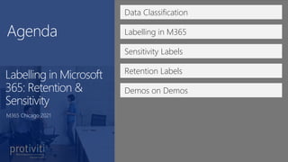 Data Classification
Labelling in M365
Sensitivity Labels
Retention Labels
Labelling in Microsoft
365: Retention &
Sensitivity
M365 Chicago 2021
Demos on Demos
 