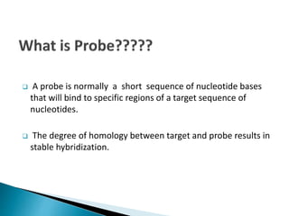  A probe is normally a short sequence of nucleotide bases
that will bind to specific regions of a target sequence of
nucleotides.
 The degree of homology between target and probe results in
stable hybridization.
 