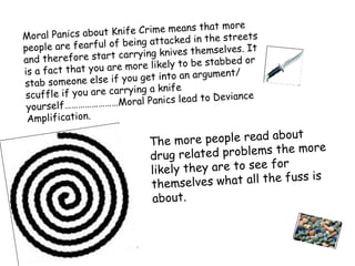 at more
Moral Panics about  Knife Crime means th
                                          the streets
people are fearful  of being attacked in           It
                      carry ing knives themselves.
and therefore start                       stabbed or
is a fact that you are more likely to be
                                           ument/
stab someone else   if you get into an arg
                         ing a knife
sc uffle if you are carry                to Deviance
 yourself………………    ……Moral Panics lead
 Amplification.
                                                     about
                            The more people read            re
                            drug rela  ted problems the mo
                                                       r
                            like ly they are to see fo
                                                         ss is
                            them   selves what all the fu
                            about.
 