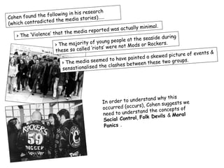 his research
Cohen found  the following in
                            edia stories)…..
(which con tradicted the m
                                                         ally minimal.
                       at the media r eported was actu
   > The ‘Violence’ th                                               de during
                                       f young pe  ople at the seasi
                     > The majority o            re not Mods or
                                                                 Rockers.
                                      ‘riots’ we
                     these so called
                                                                                  of events &
                                                o have painted   a skewed picture
                         > The media seemed t           between these t
                                                                         wo groups.
                                          the clashes
                         sensationalised




                                                                and why this
                                          In order to underst        suggests we
                                          occurred   (occurs), Cohen
                                                                    concepts of
                                          need to   understand the
                                                                 Devils & Moral
                                          Socia l Control, Folk
                                           Panics .
 
