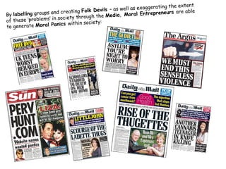 ting the extent
                           eating Folk Devils – as well as exaggera
   labelling groups and cr                                      epreneurs are able
By
                       society through th  e Media, Moral Entr
of these ‘problems’ in          in society:
to genera  te Moral Panics with
 