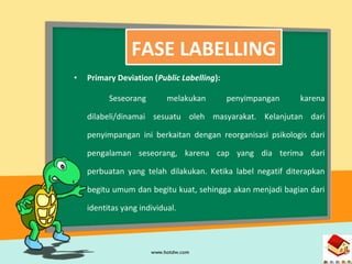 • Primary Deviation (Public Labelling):
Seseorang melakukan penyimpangan karena
dilabeli/dinamai sesuatu oleh masyarakat. Kelanjutan dari
penyimpangan ini berkaitan dengan reorganisasi psikologis dari
pengalaman seseorang, karena cap yang dia terima dari
perbuatan yang telah dilakukan. Ketika label negatif diterapkan
begitu umum dan begitu kuat, sehingga akan menjadi bagian dari
identitas yang individual.
FASE LABELLING
 
