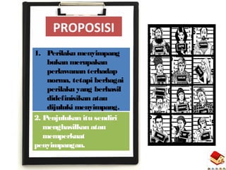 1. Perilaku menyimpang
bukan merupakan
perlawanan terhadap
norma, tetapi berbagai
perilaku yang berhasil
didefinisikan atau
dijuluki menyimpang.
2. Penjulukan itu sendiri
menghasilkan atau
memperkuat
penyimpangan.
PROPOSISI
 