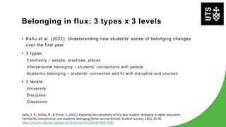 Belonging in flux: 3 types x 3 levels
• Kahu et al. (2022): Understanding how students' sense of belonging changes
over the first year
• 3 types:
Familiarity – people, practices, places
Interpersonal belonging – students' connections with people
Academic belonging – students' connection and fit with discipline and courses
• 3 levels:
University
Discipline
Classroom
Kahu, E. R., Ashley, N., & Picton, C. (2022). Exploring the complexity of first-year student belonging in higher education:
Familiarity, interpersonal, and academic belonging [Other Journal Article]. Student Success, 13(2), 10-20.
https://search.informit.org/doi/10.3316/informit.544244789917082
 