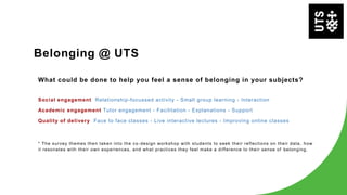 Belonging @ UTS
What could be done to help you feel a sense of belonging in your subjects?
Social engagement Relationship-focussed activity - Small group learning - Interaction
Academic engagement Tutor engagement - Facilitation - Explanations - Support
Quality of delivery Face to face classes - Live interactive lectures - Improving online classes
* The survey themes then taken into the co-design workshop with students to seek their reflections on their data, how
it resonates with their own experiences, and what practices they feel make a difference to their sense of belonging.
 