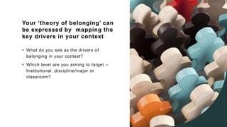 Your ‘theory of belonging’ can
be expressed by mapping the
key drivers in your context
• What do you see as the drivers of
belonging in your context?
• Which level are you aiming to target –
Institutional, discipline/major or
classroom?
 