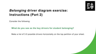 Belonging driver diagram exercise:
Instructions (Part 2)
Consider the following:
What do you see as the key drivers for student belonging?
Make a list of 3-5 possible drivers horizontally on the top partition of your sheet.
 