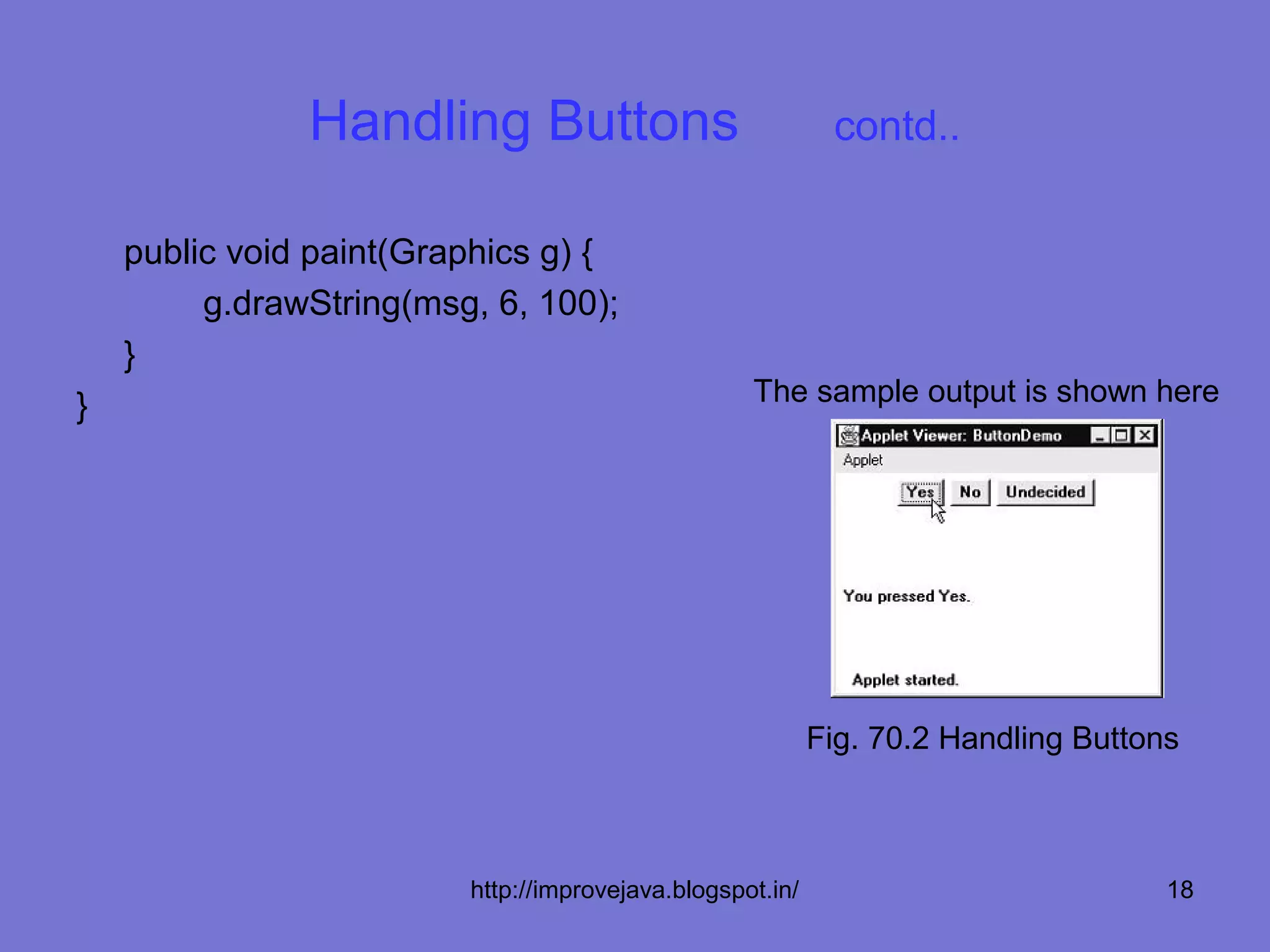 Handling Buttons                             contd..

    public void paint(Graphics g) {
         g.drawString(msg, 6, 100);
    }
}                                                  The sample output is shown here




                                                           Fig. 70.2 Handling Buttons



                         http://improvejava.blogspot.in/                            18
 