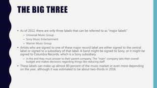 THE BIG THREE
• As of 2012, there are only three labels that can be referred to as "major labels"
– Universal Music Group
– Sony Music Entertainment
– Warner Music Group
• Artists who are signed to one of these major record label are either signed to the central
label or signed to a subsidiary of that label. A band might be signed to Sony, or it might be
signed to Columbia Records, which is a Sony subsidiary.
– in the end they must answer to their parent company. The "main" company sets their overall
budget and makes decisions regarding things like reducing staff.
• These labels can make up almost 80 percent of the music market or even more depending
on the year, although it was estimated to be about two-thirds in 2016.
 