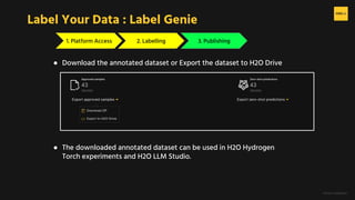 H2O.ai Conﬁdential
1. Platform Access 2. Labelling 3. Publishing
Label Your Data : Label Genie
● Download the annotated dataset or Export the dataset to H2O Drive
● The downloaded annotated dataset can be used in H2O Hydrogen
Torch experiments and H2O LLM Studio.
 